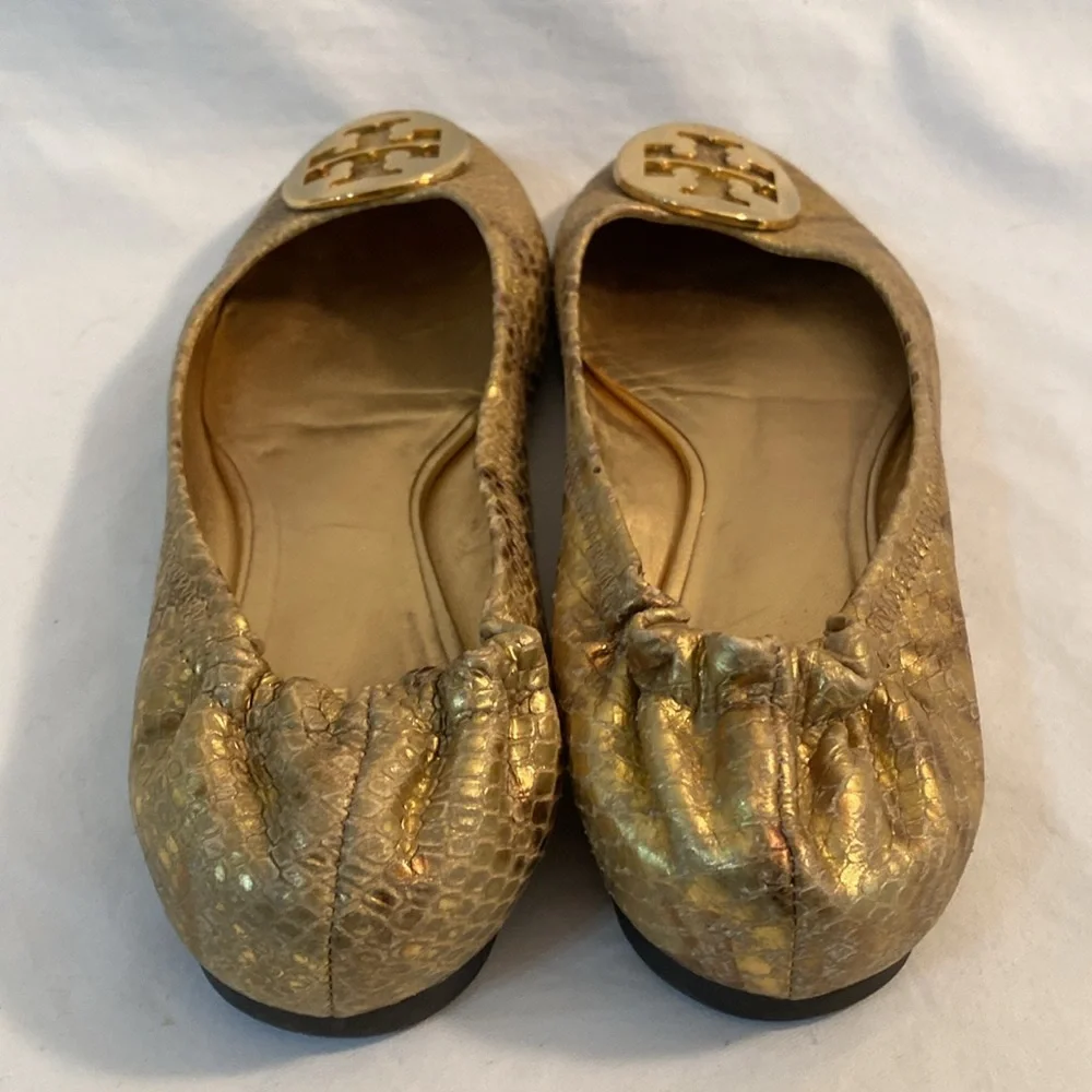 Tory Burch REVA GOLD LEATHER Medallion SNAKESKIN BALEET FLATS Size 8M VGC